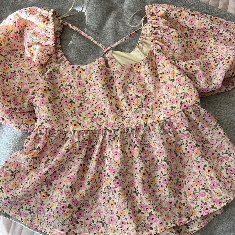 Altar'd State Pink and Yellow Floral Crop Top with Puffed Sleeves